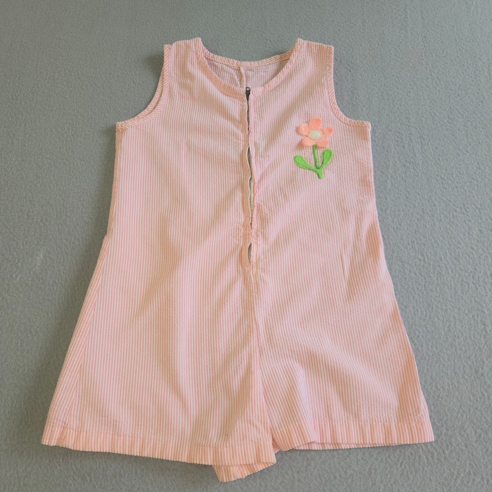 Vintage Seersucker Romper Girls Pink White Striped Flower Applique Zip Front